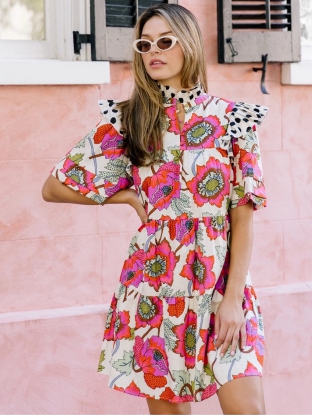 CROSBY by Mollie Burch Cream Pink Floral Dress with Ruffles & Belt - size S